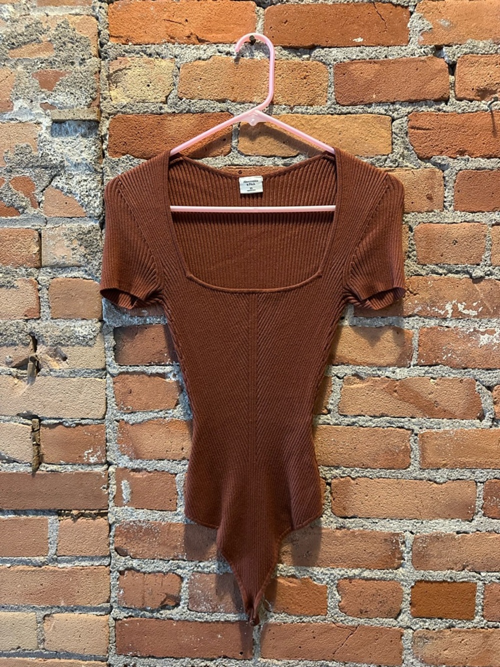 Ribbed Square-Neck Bodysuit in Rust Orange